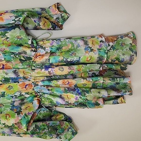 Zara Green Floral Print  V-Neck Puff Sleeve Romantic Dress  Size XS - Picture 13 of 16